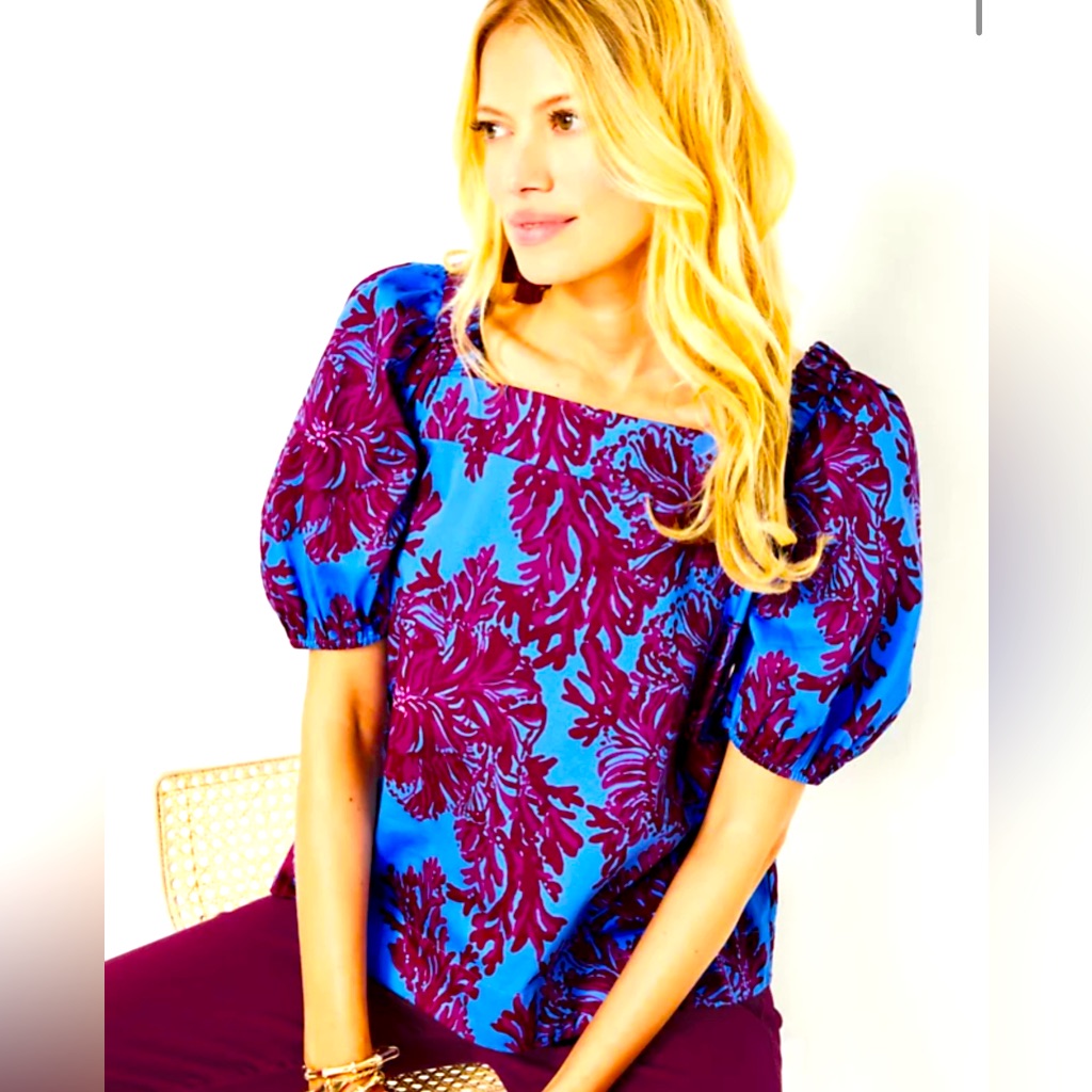 Nwt Nib Lilly Pulitzer Torrey Short Puff Sleeve Top Blouse Blue Cherry Bow 16